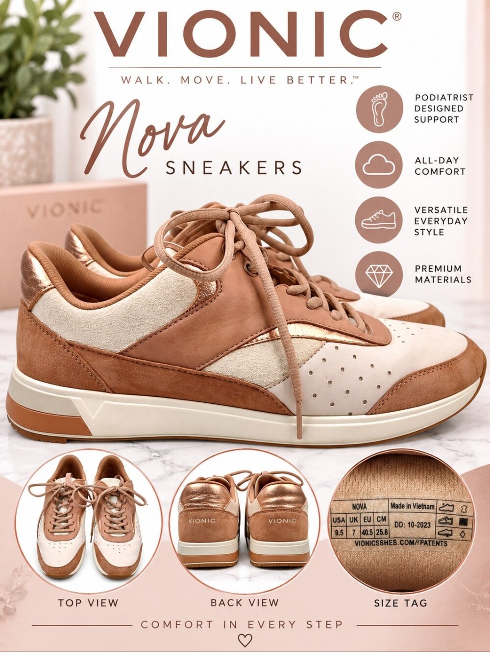 Vionic Nova Women’s Sneakers Rose Gold Blush Cream Size 9.5
